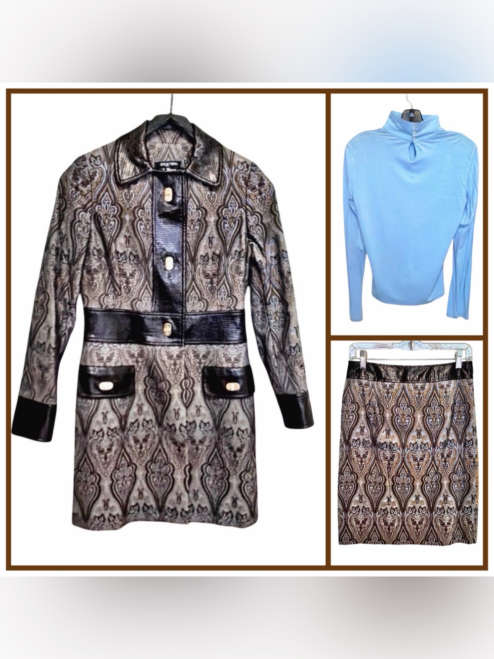 Etcetera 3-Piece Paisley Jacket/Blouse/Skirt Set | Leather Trim | Power Suit